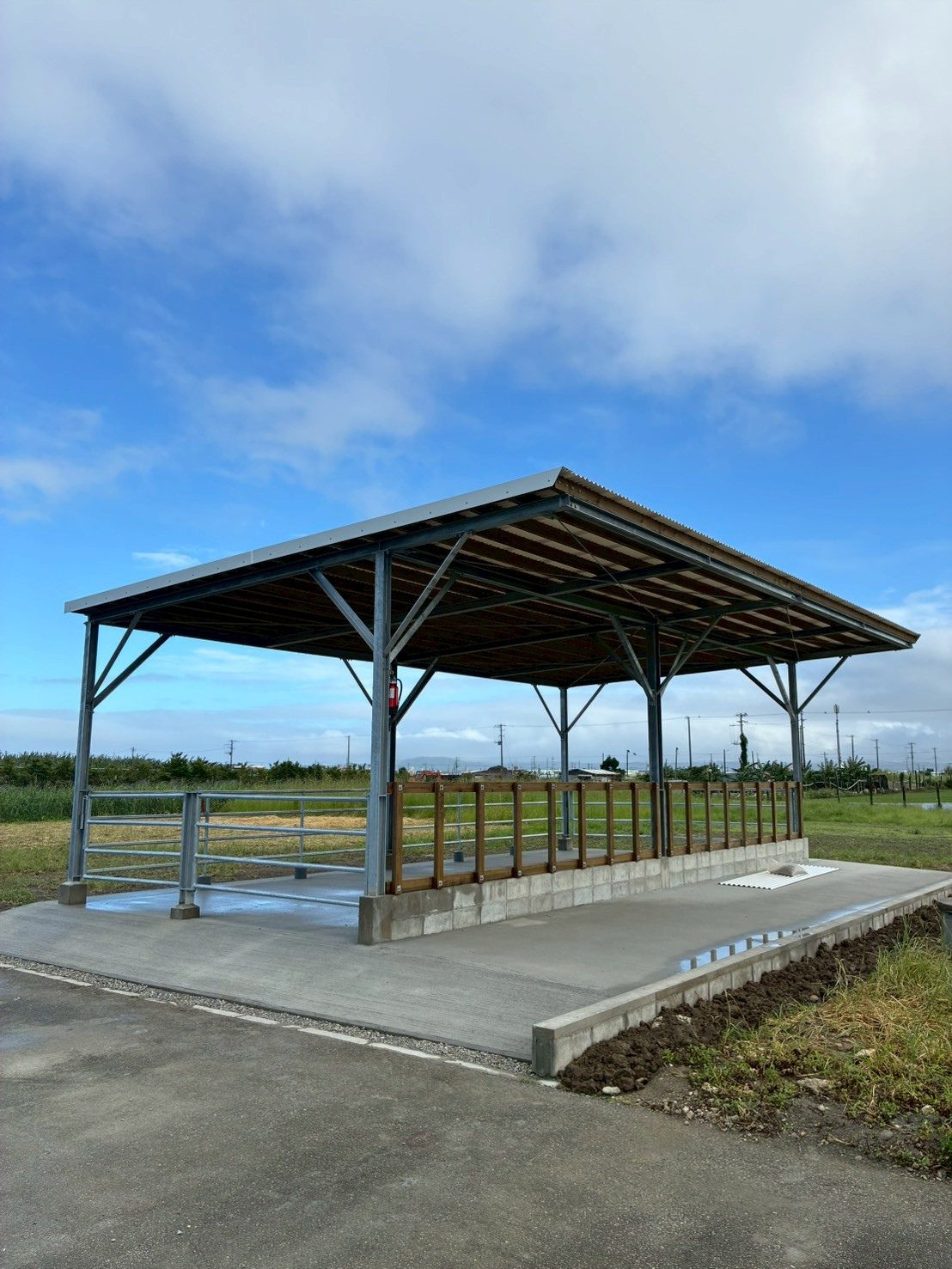 青空の下に建つ鉄骨屋根の農業施設